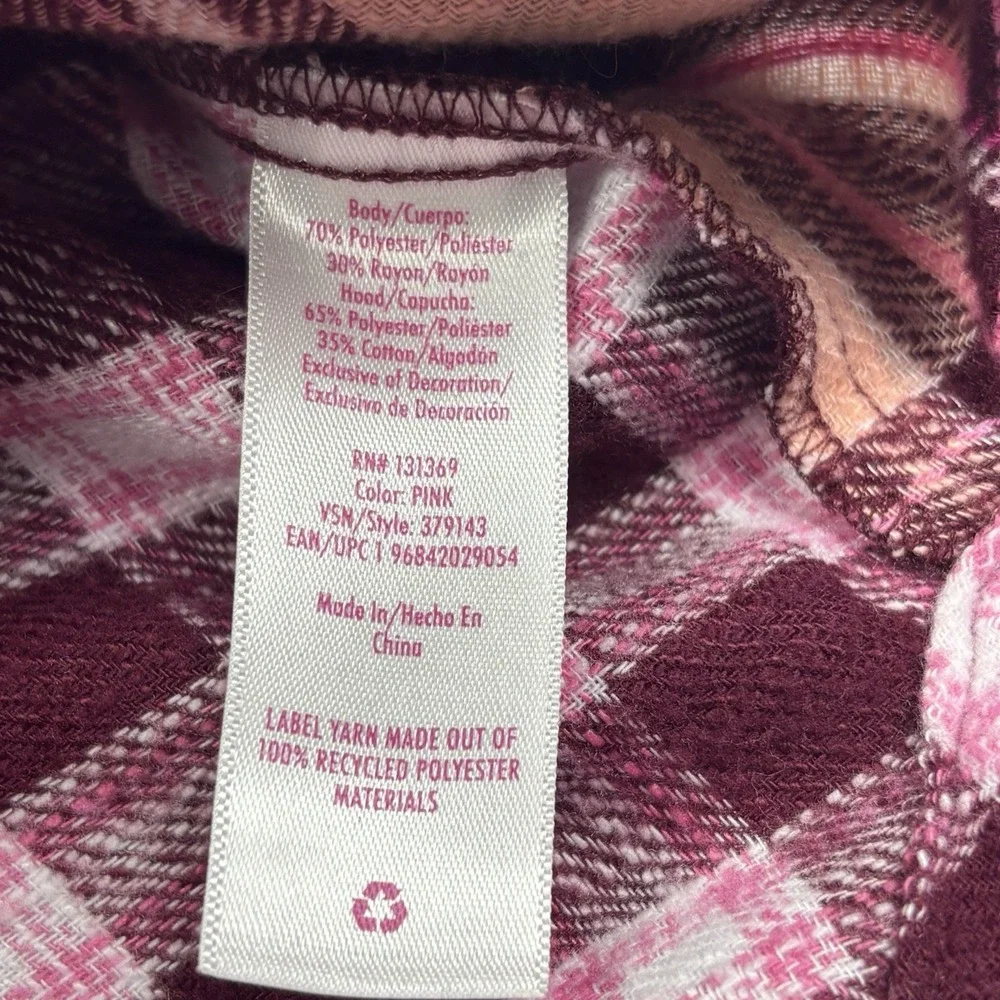 Justice Girls Long Sleeve Pink & Maroon Plaid Flannel Shirt W/Hood Size XS (5/6)